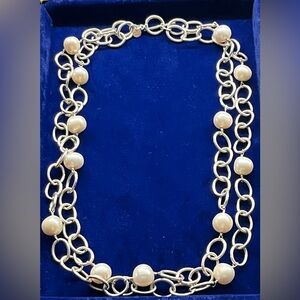 IPS Sterling Silver Pearl Oval Link Double Chain Toggle Necklace 18”